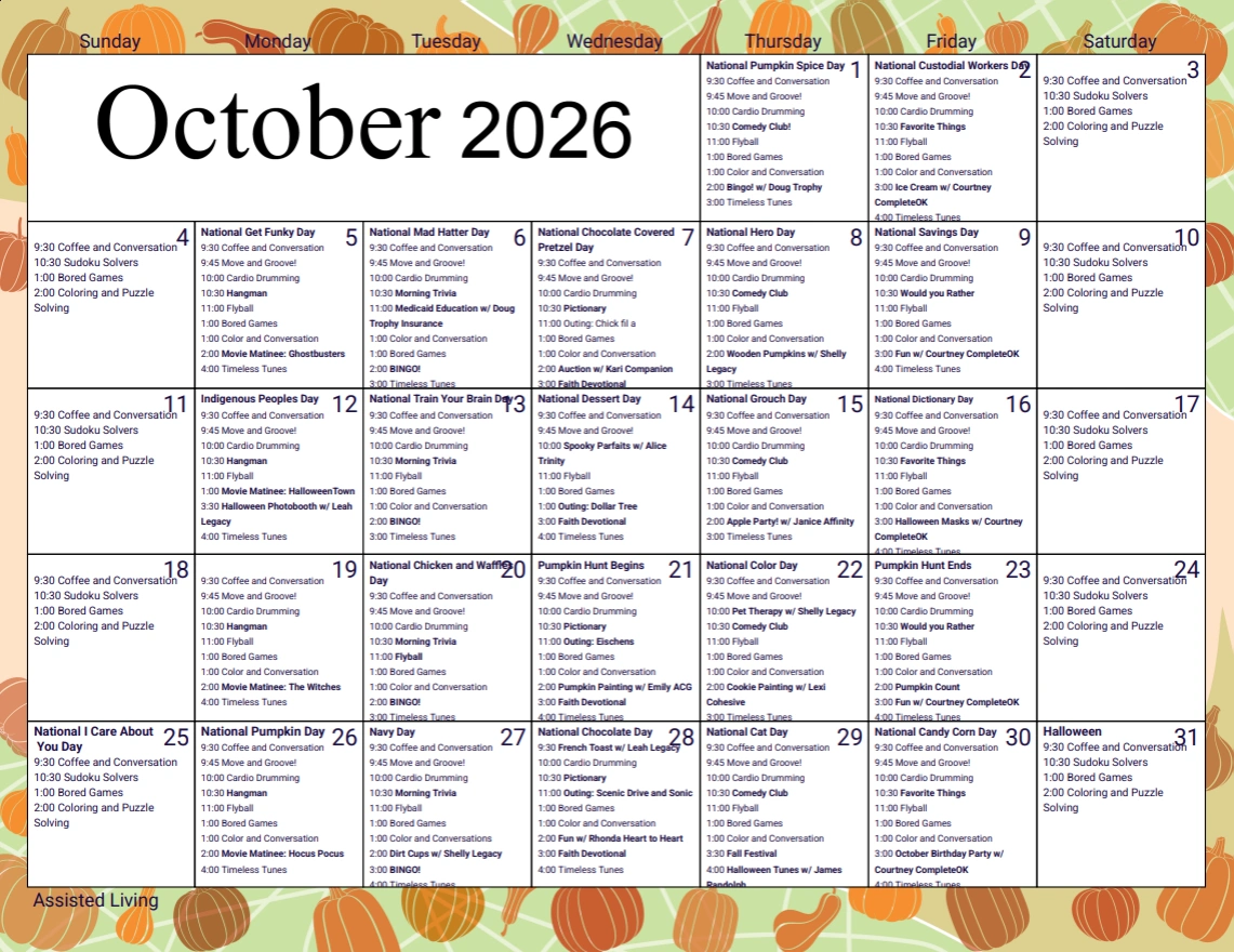 October 2026 Assisted Living activity calendar showing daily social, wellness, and creative activities